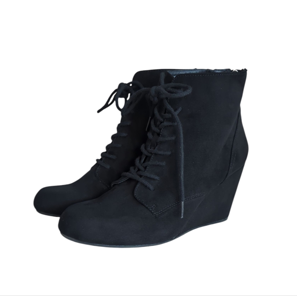 JustFab Eloise Faux Suede Lace Up Wedge Booties 9 Black